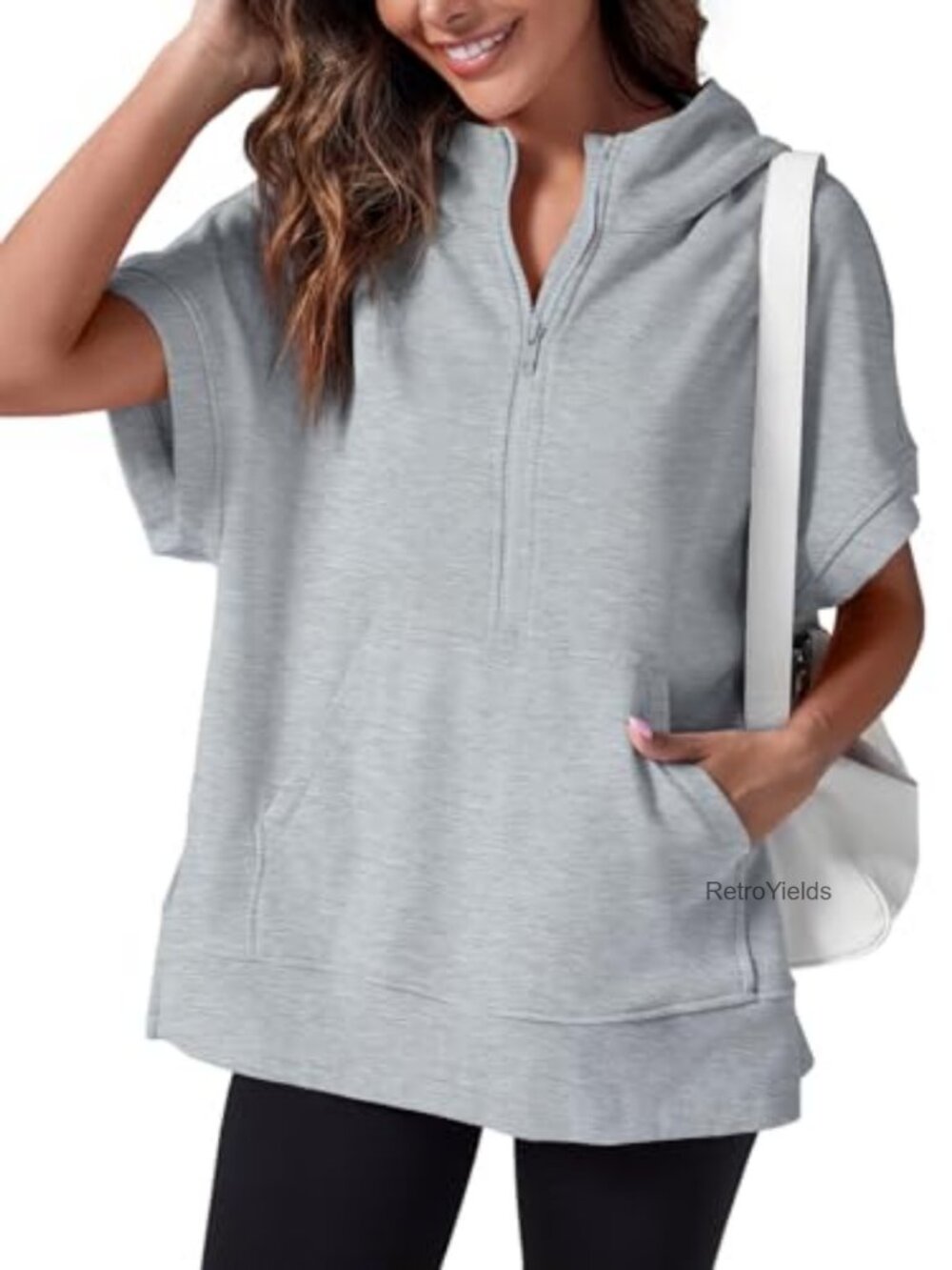Oversized Short Sleeve Half Zip Hoodie Pullover for Women with Kangaroo Pockets